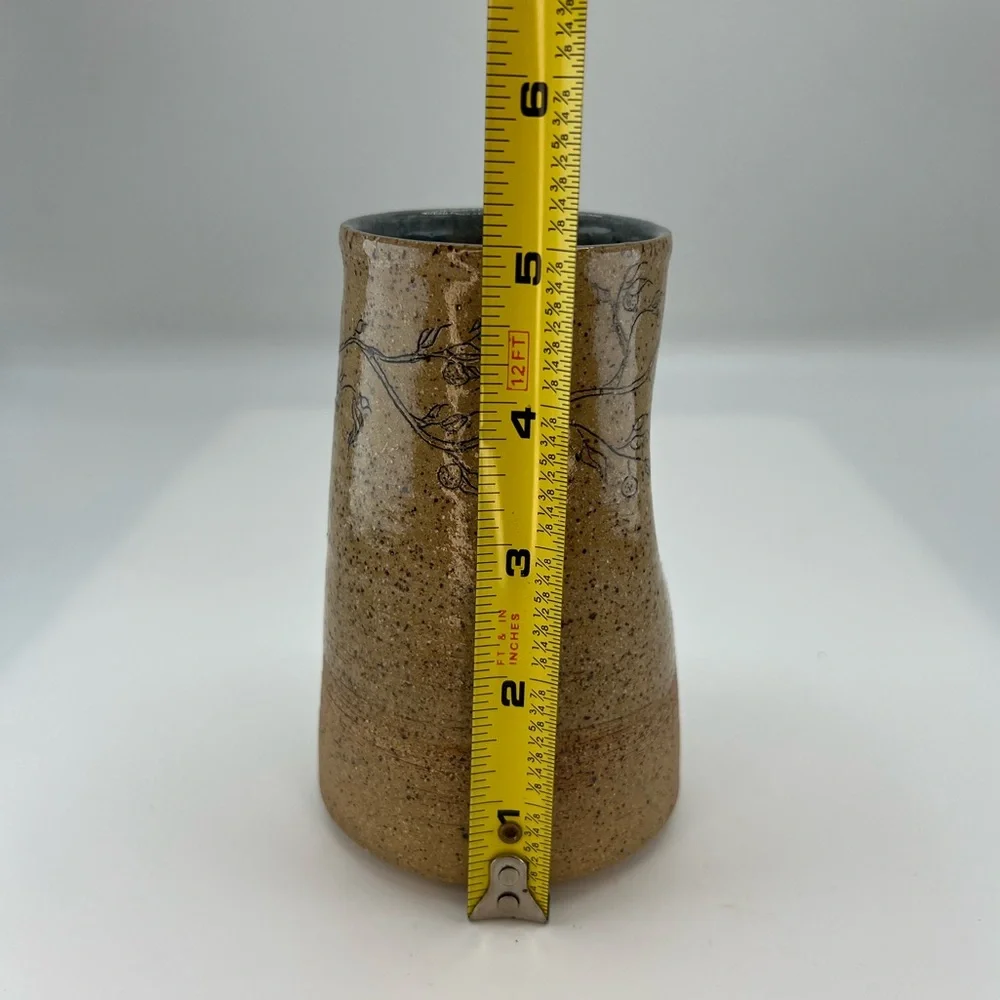 Folk Art Sandstone Pottery Vase “One Day At A Time” Fauna Print Artist Signed